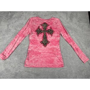 Velvet Stone Top Women XL Pink  Leopard Cross Long Sleeve Burnout Y2K Edgy